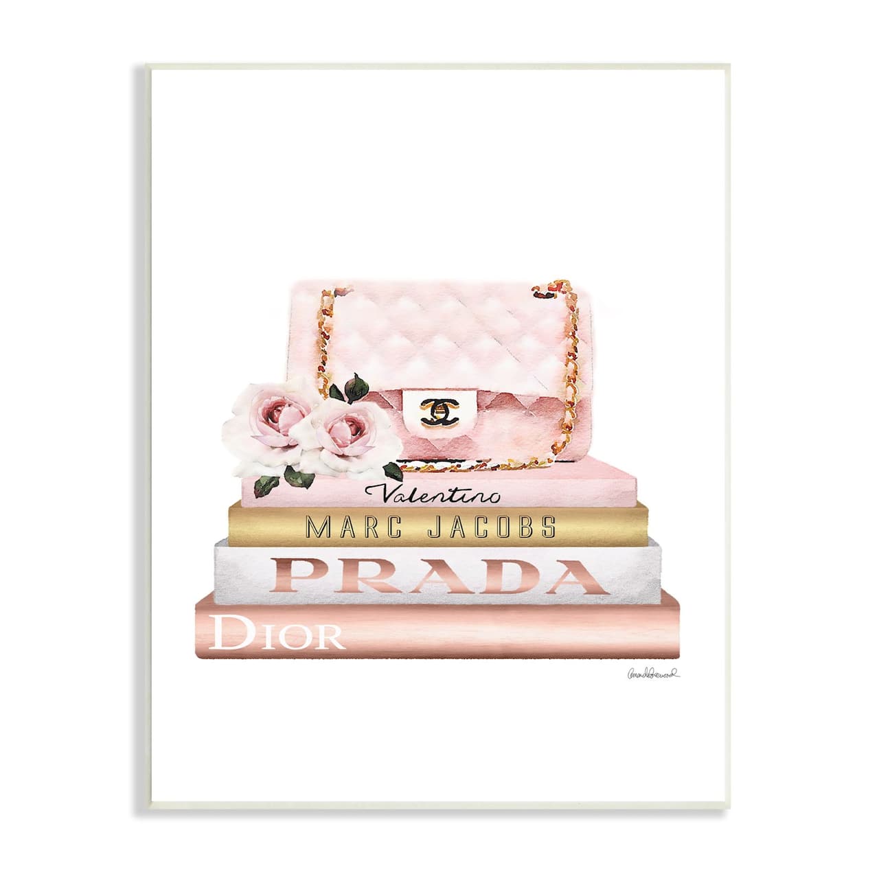 Stupell Industries Pink Purse Gold Bookstack Glam Fashion Watercolor Design Wood Wall Plaque